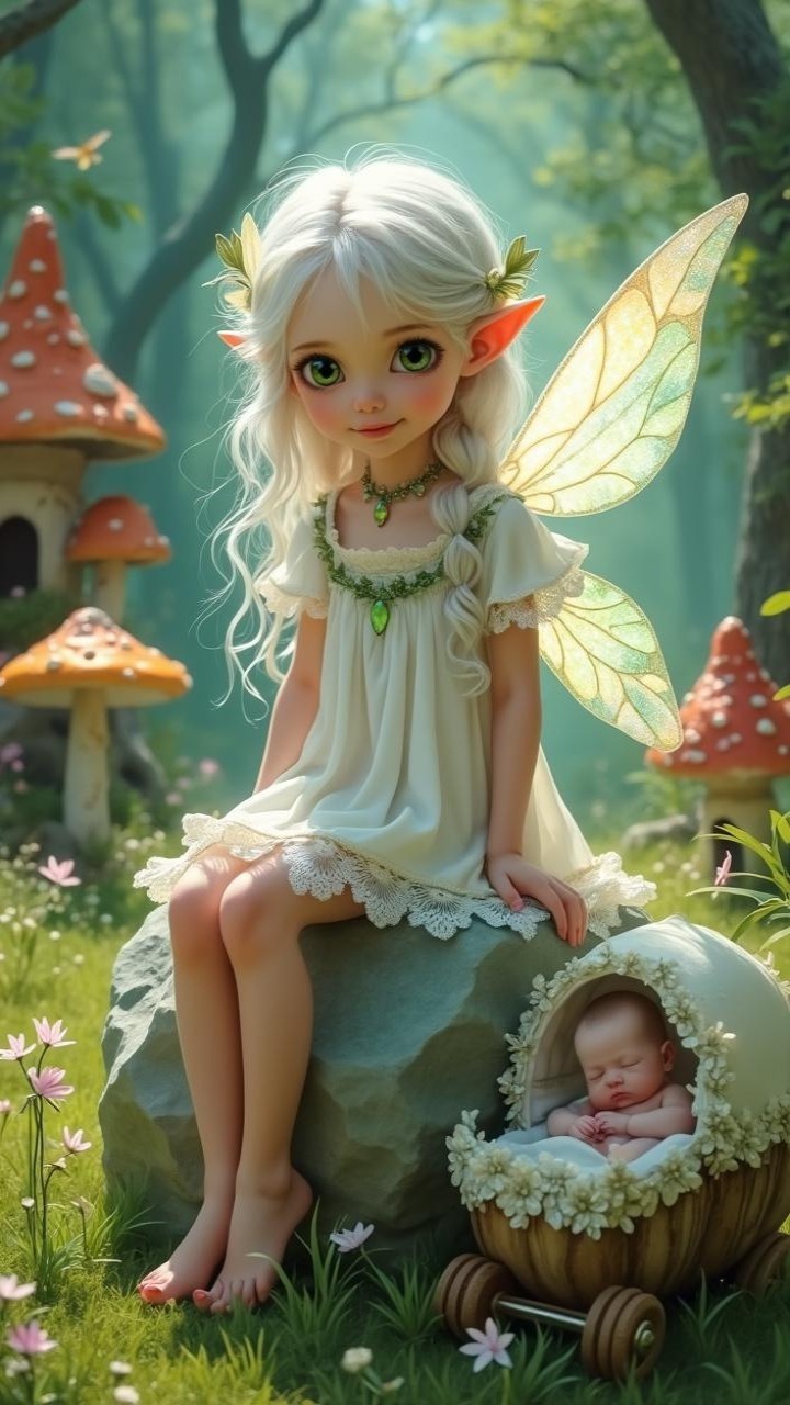 Fairy in Enchanted Forest with Baby in Carriage