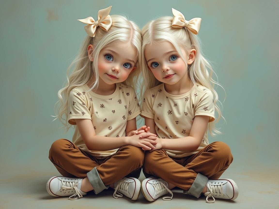 Identical twin girls in matching outfits and bows