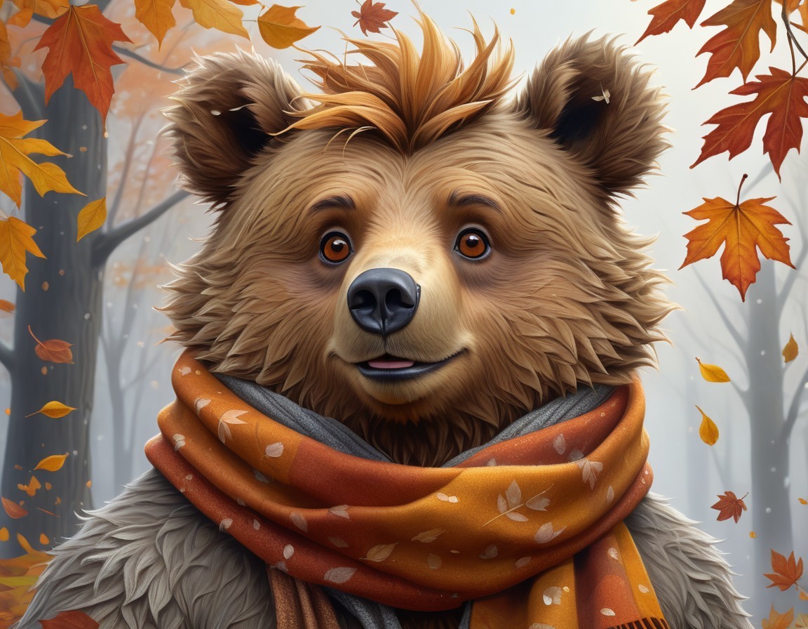 Cheerful bear in autumn forest with vibrant leaves