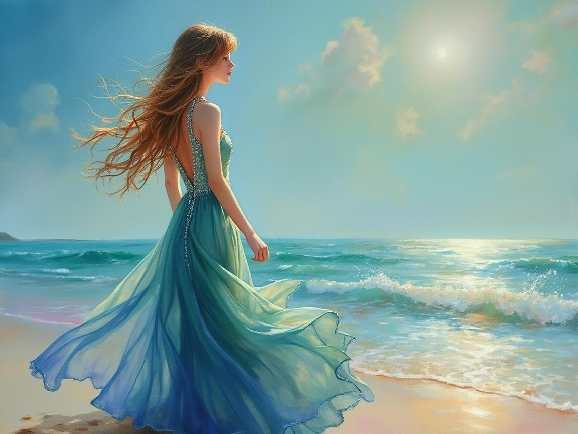 Serene beach scene with a woman in a flowing gown