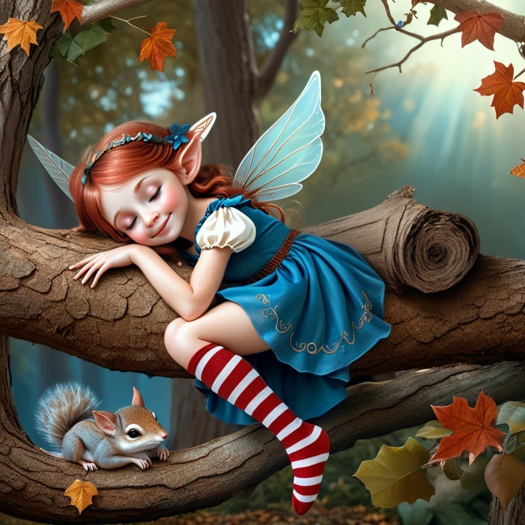 Fairy in Blue Dress Resting in Whimsical Forest