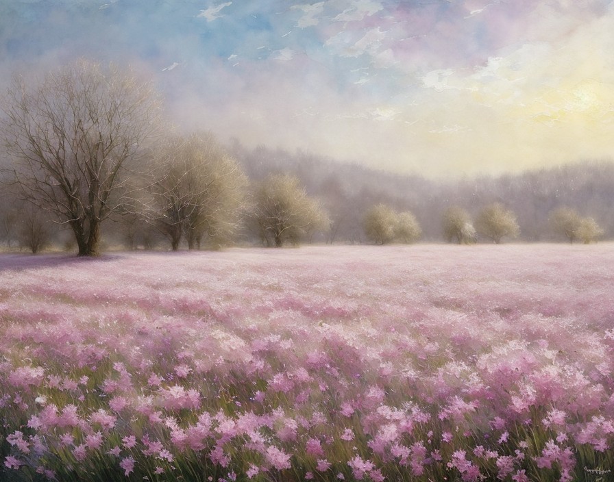 Serene Landscape with Pink Flowers and Pastel Sky