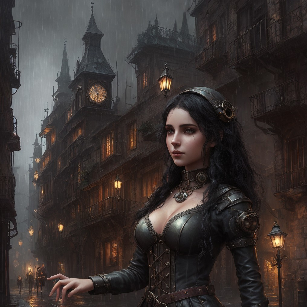 Steampunk Woman in Gothic City Street at Night