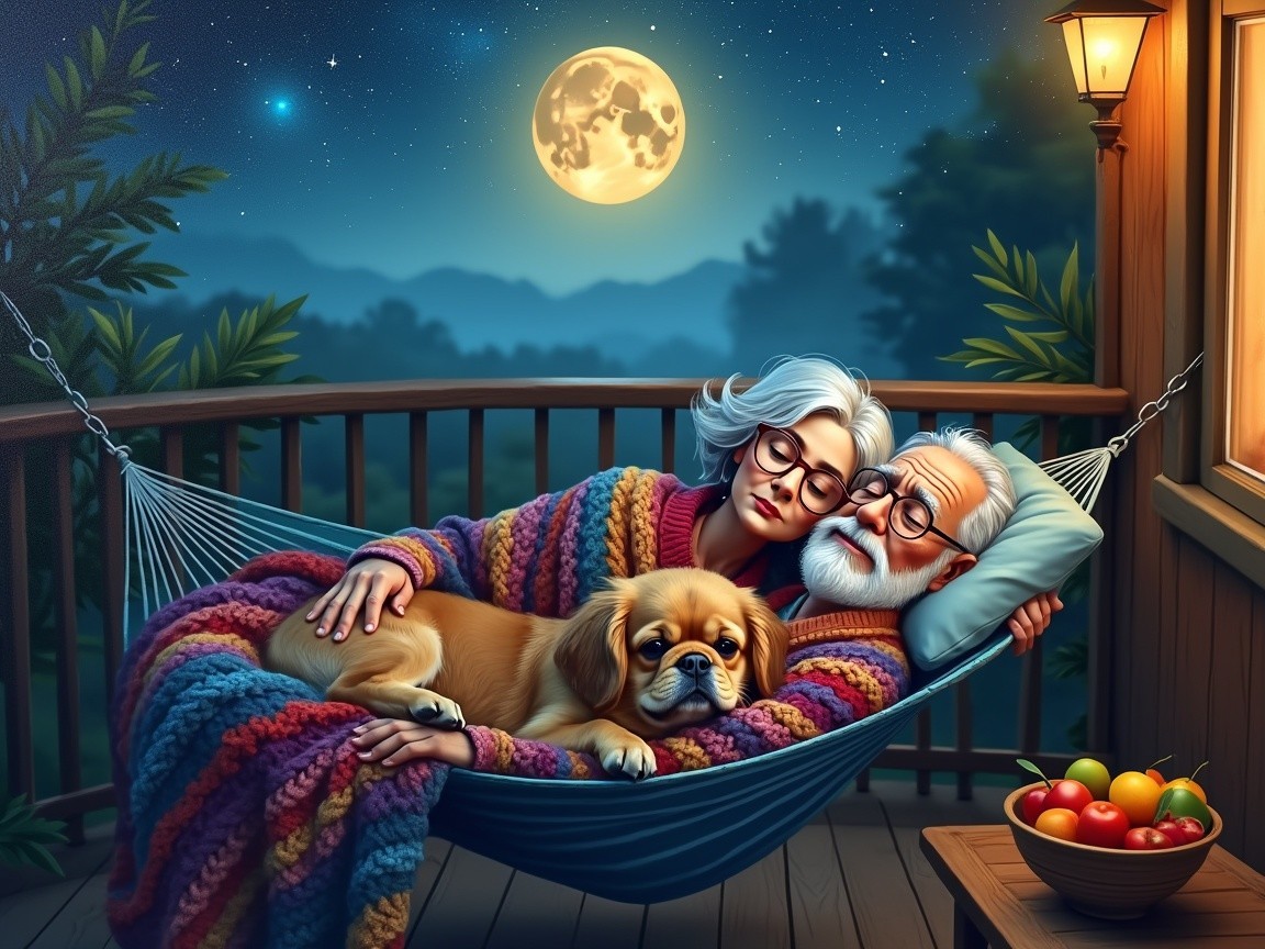 Elderly couple in hammock under moonlit sky