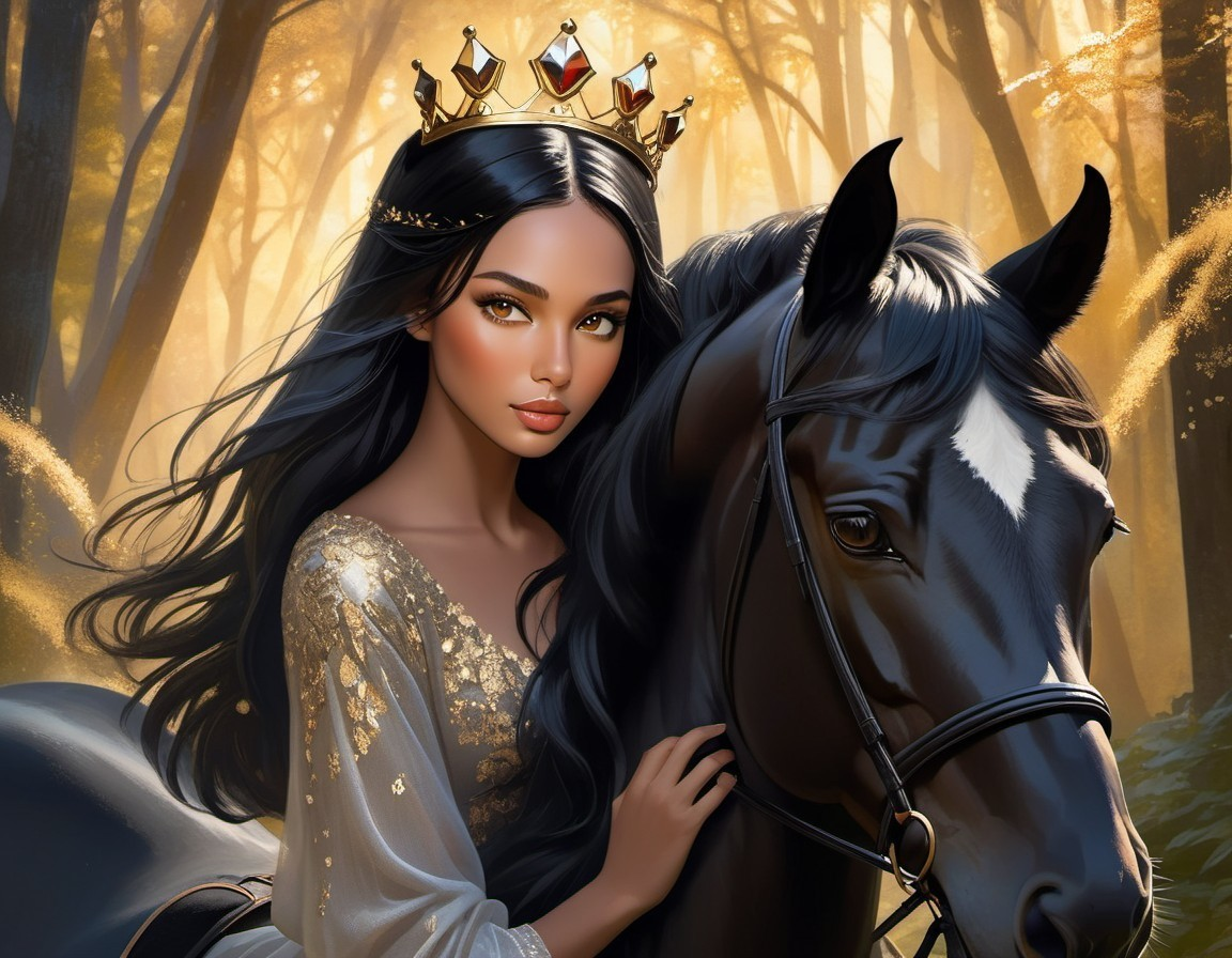 Young woman in gown on black horse in forest setting