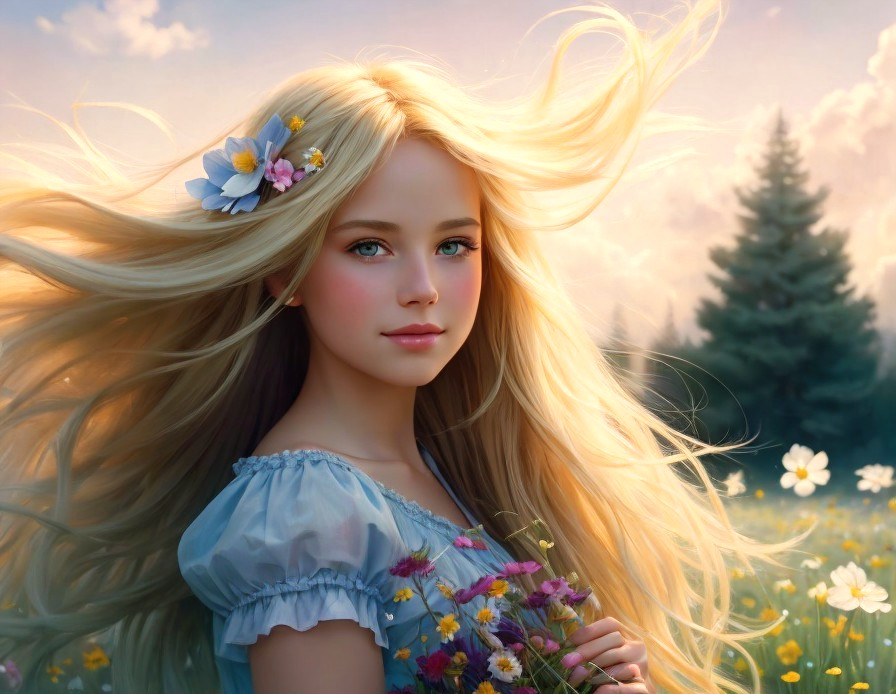 Young girl in blue dress among wildflowers at sunset