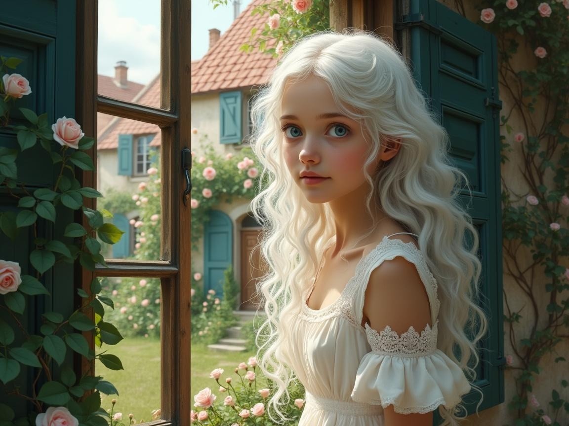 Young Woman with White Hair by Window with Roses