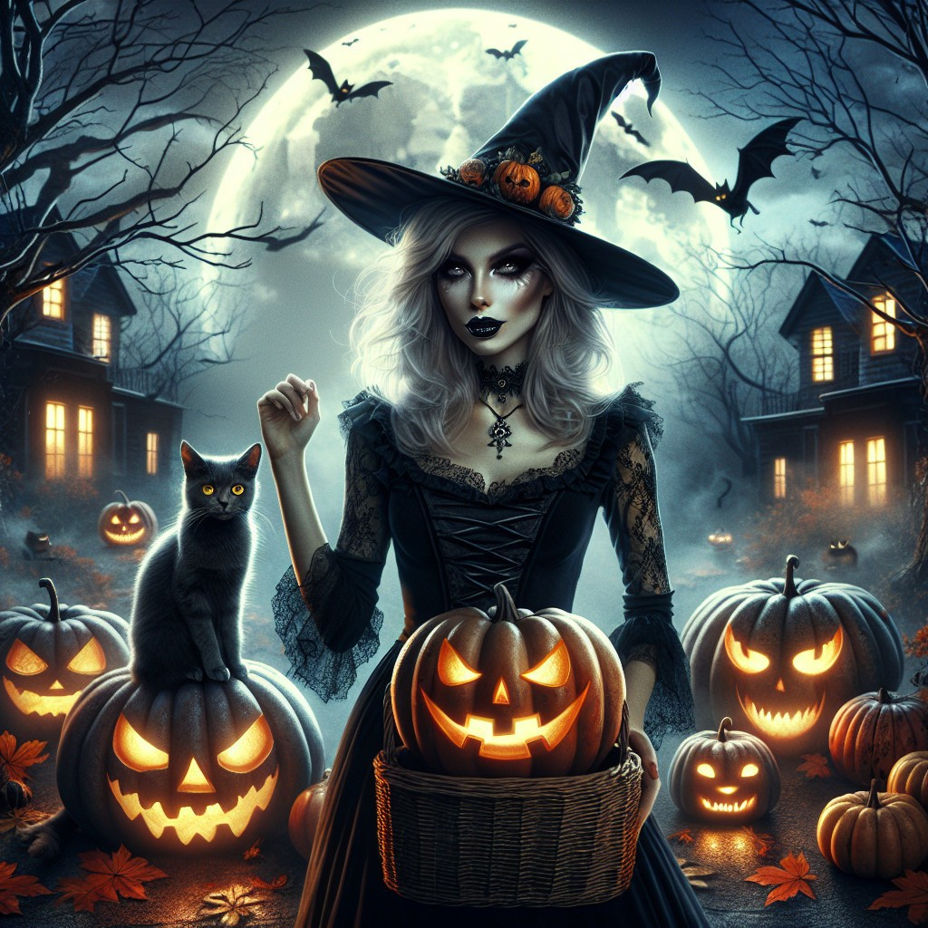 Mysterious Witch in Spooky Halloween Scene with Pumpkins