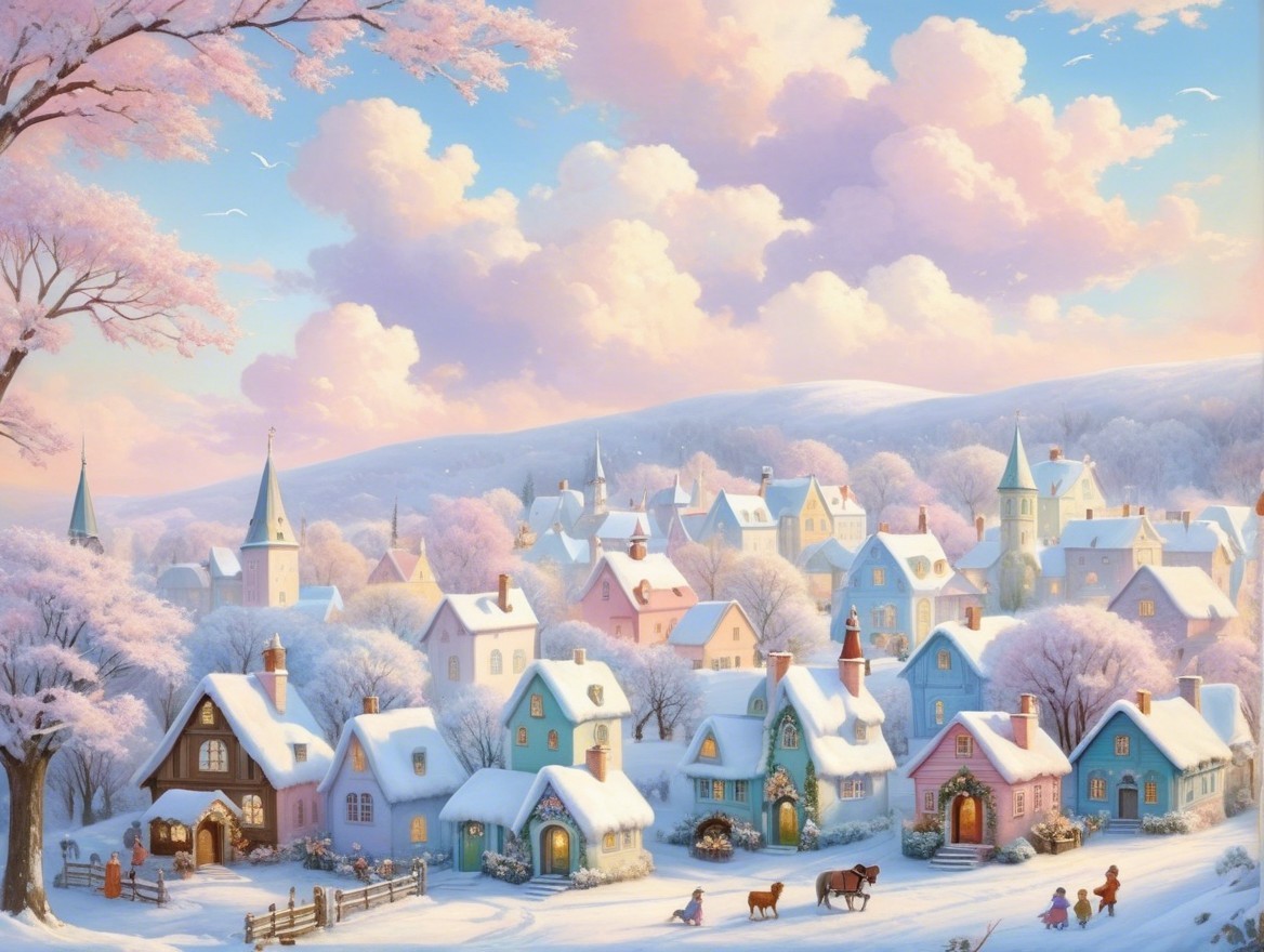 Winter Village Scene with Snow and Pastel Houses