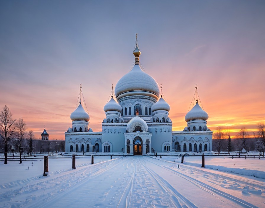 Snow-Covered Cathedral in a Serene Winter Landscape