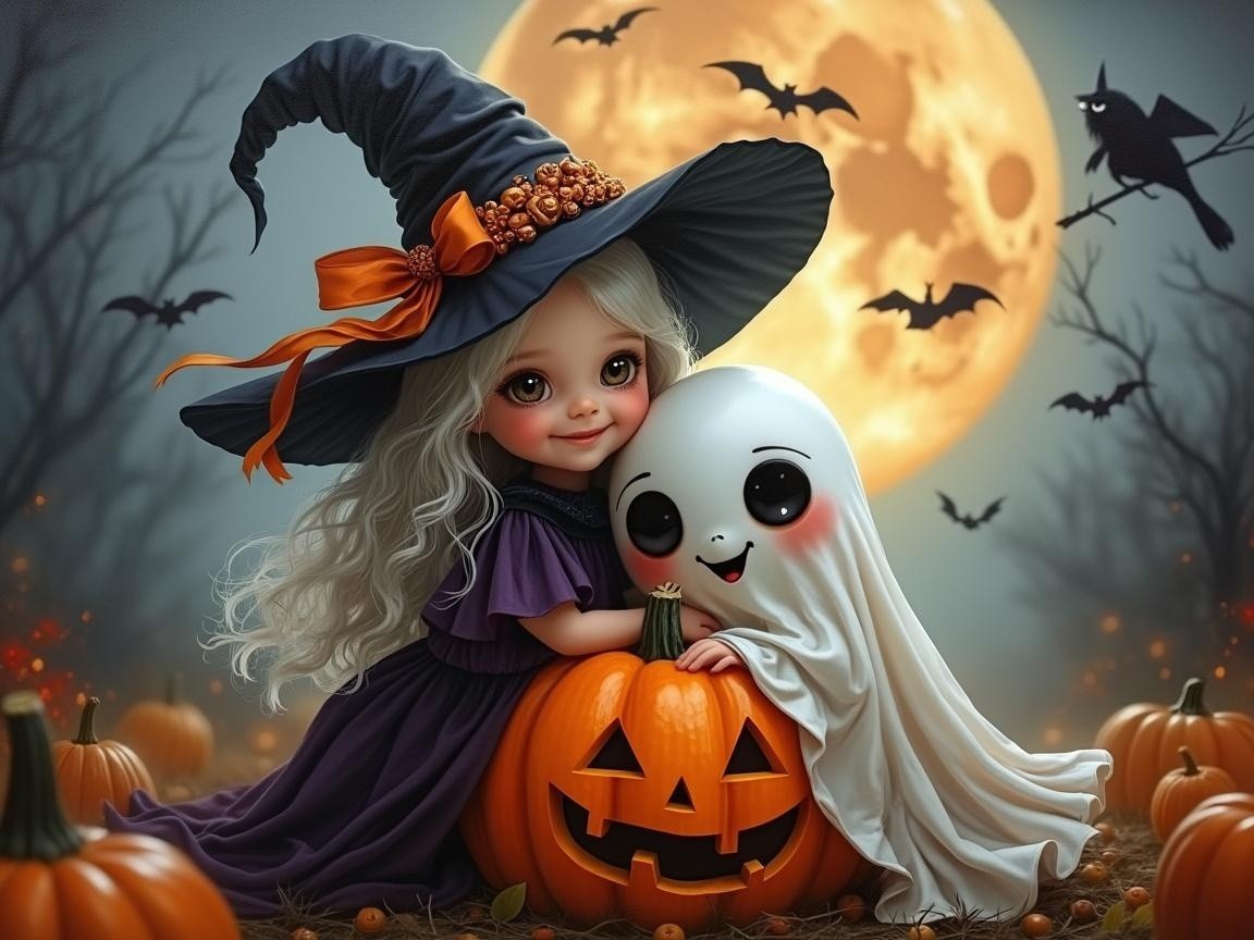 Halloween Scene with Witch, Ghost, and Pumpkin