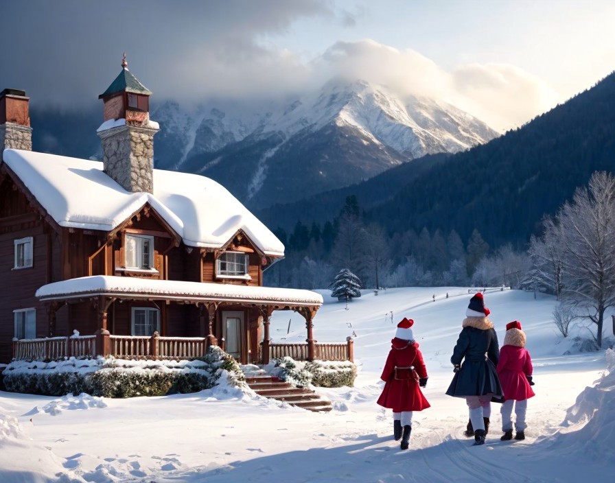 Winter Landscape with Children and Log Cabin