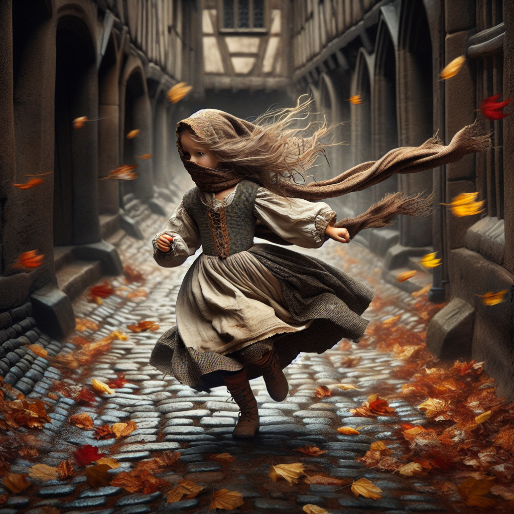 Young girl in autumn alley with cobblestone paths