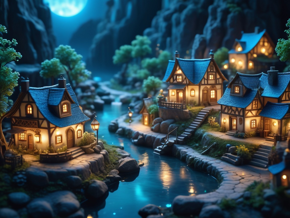 Miniature Village Between Cliffs Under Glowing Moon