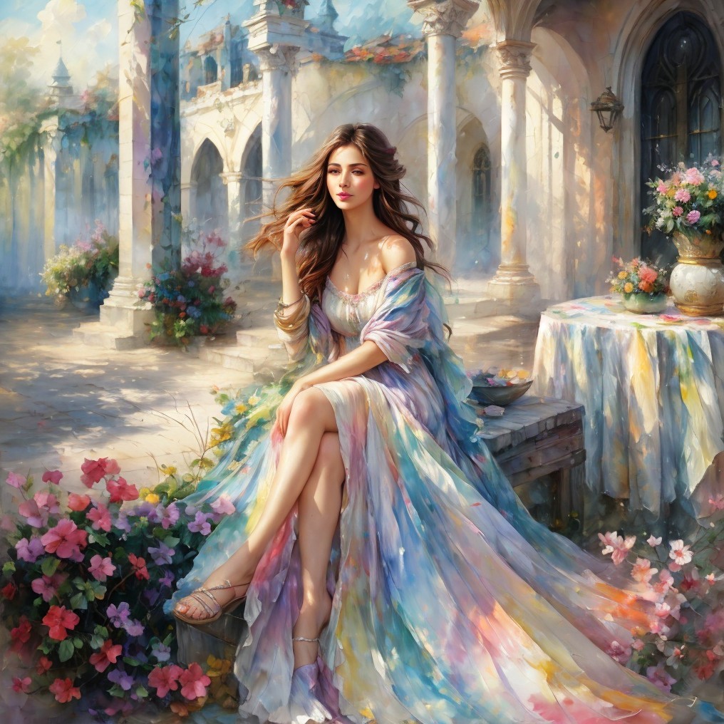 Serene Woman in Pastel Gown Surrounded by Garden