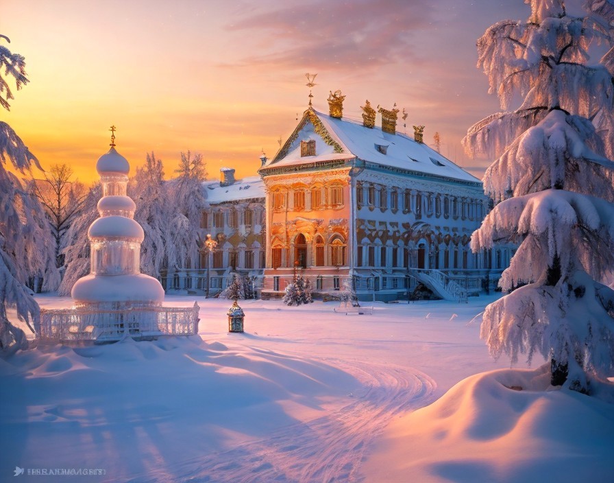Ornate palace in a serene winter landscape scene