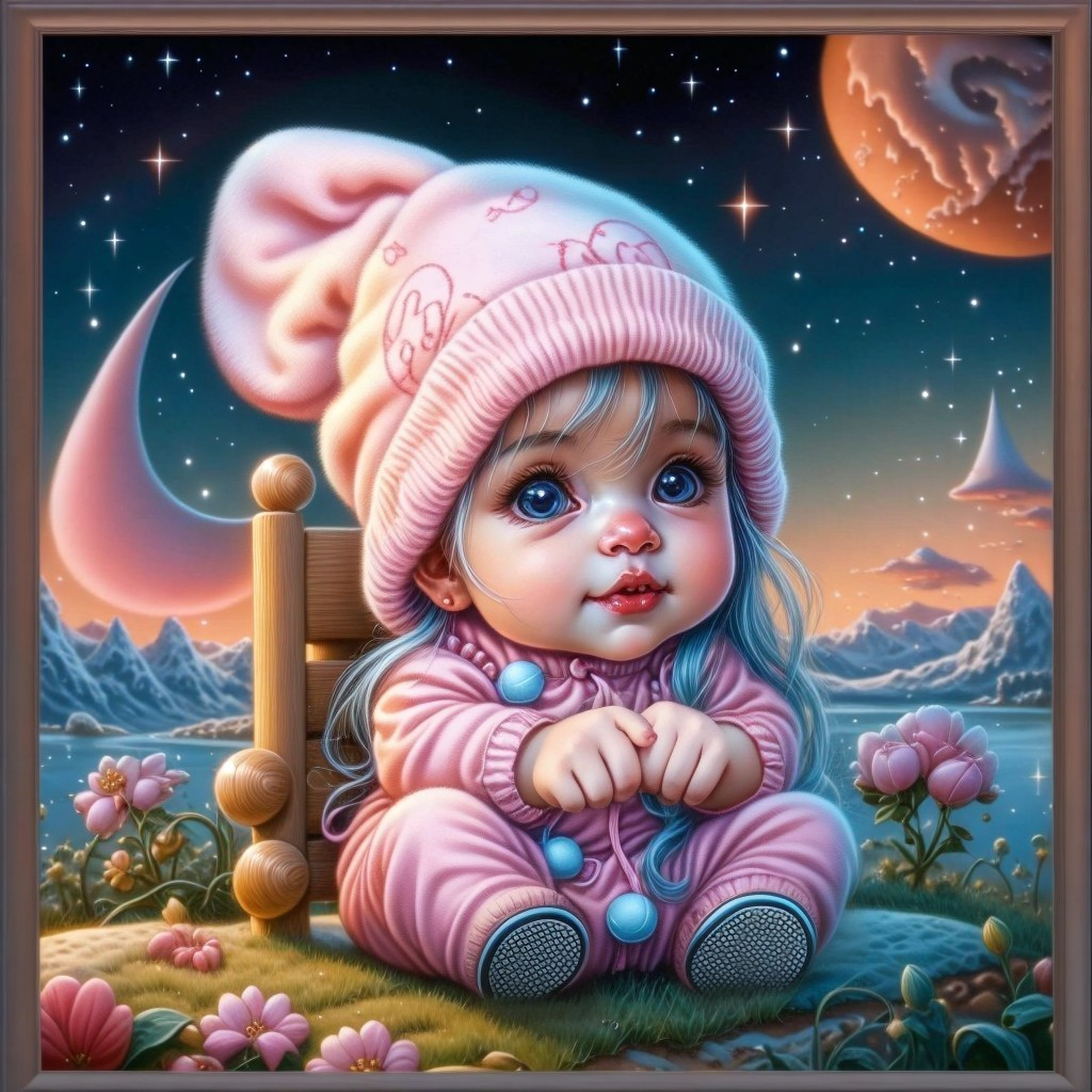 Whimsical Illustration of Baby in Cosmic Landscape