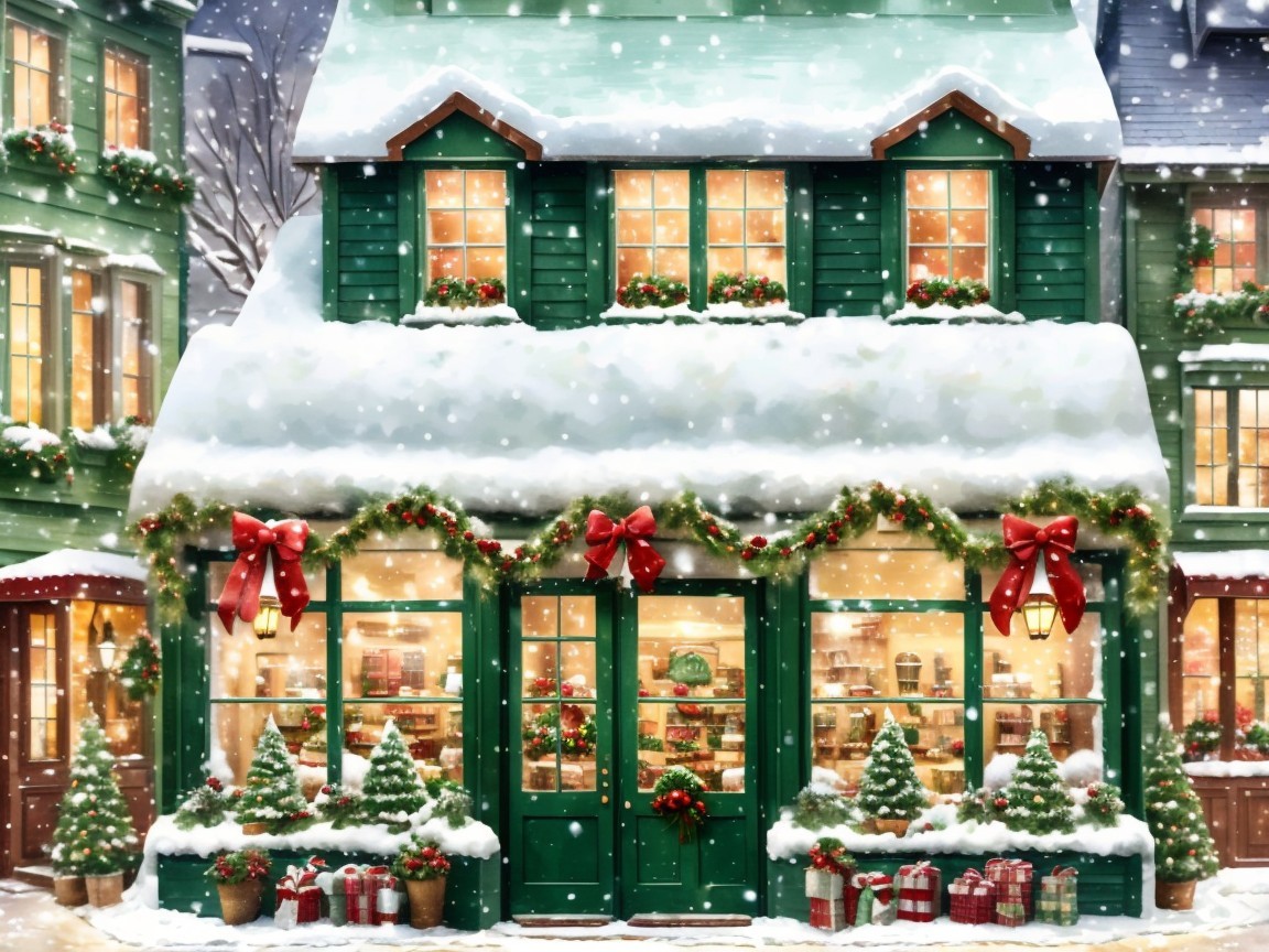 Watercolor Christmas Village Scene with Snow and Lights