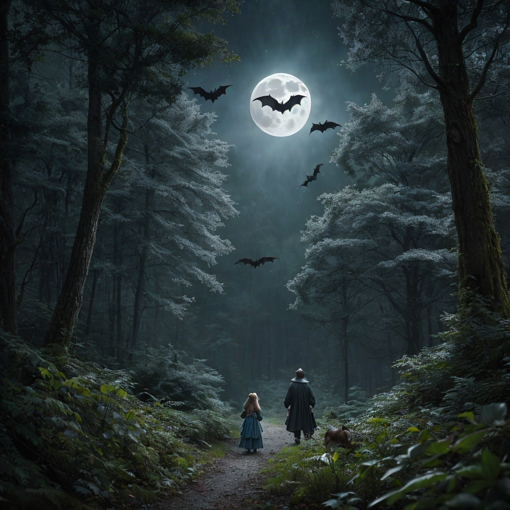 Moonlit Forest Scene with Girl and Cloaked Figure