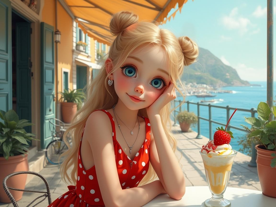 Young girl in polka dot dress at seaside café