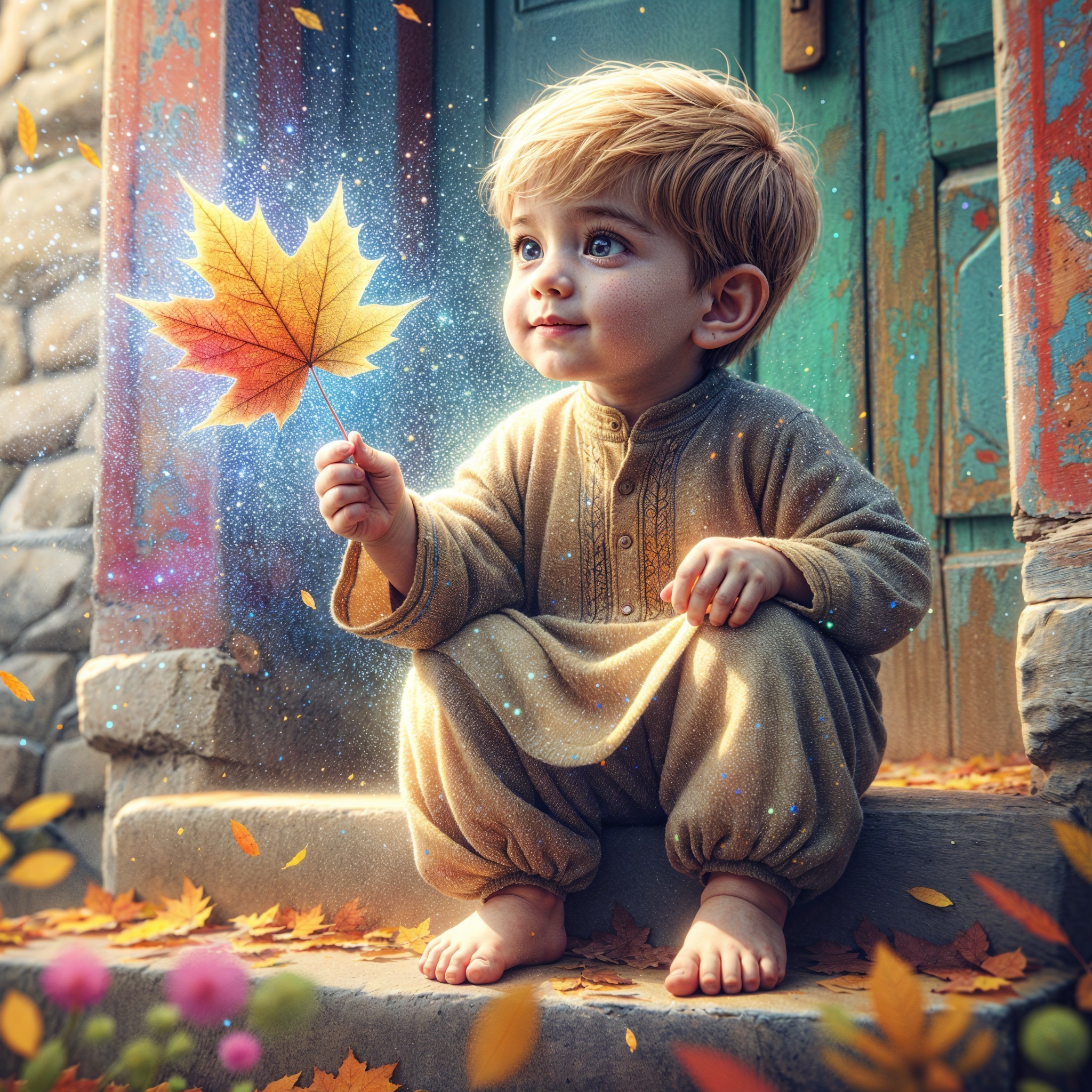 Young boy with autumn leaf on stone steps