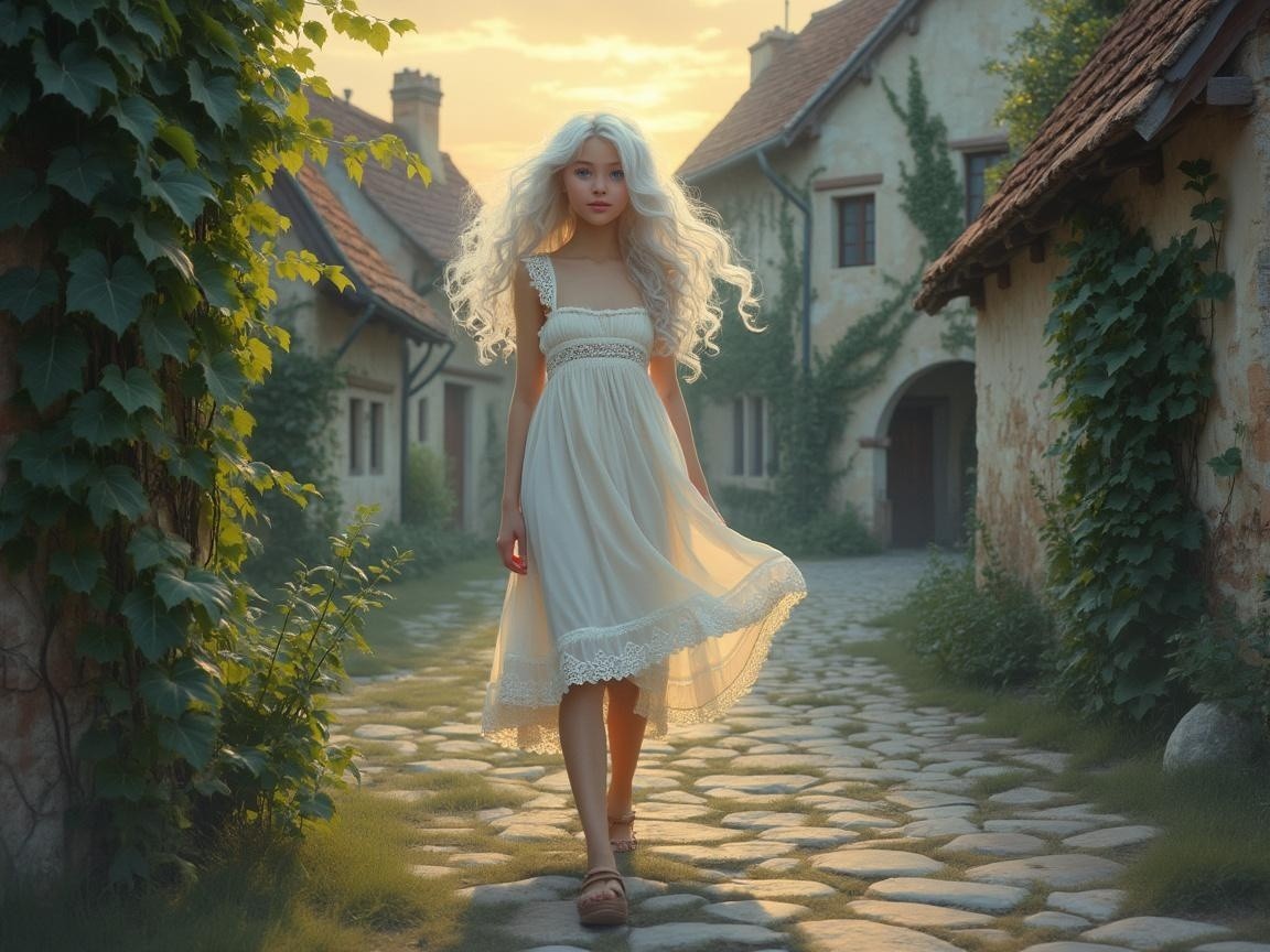 Young woman in white dress on cobblestone path