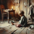 Young Boy in Rustic Room with Sunlight and Solitude
