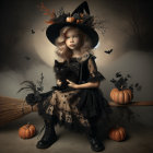 Young Girl in Witch Costume with Cat on Broomstick
