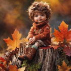 Toddler on Tree Stump Surrounded by Autumn Leaves