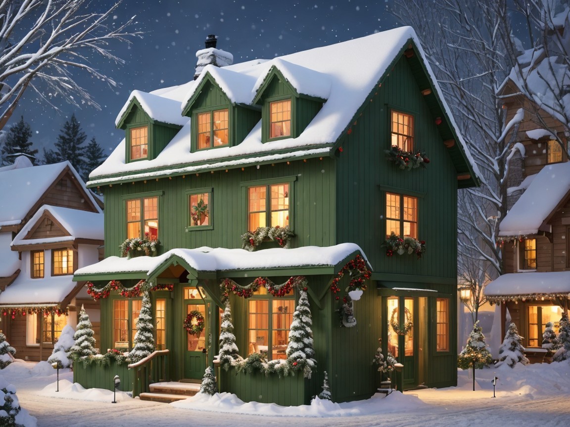 Festive Green House in Snowy Night Setting