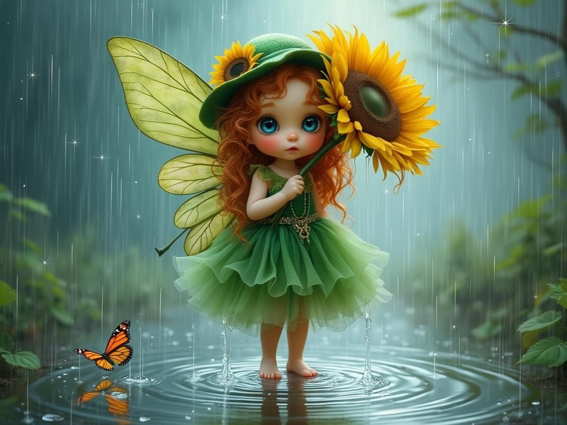 Fairy in Rainy Forest with Sunflower Umbrella