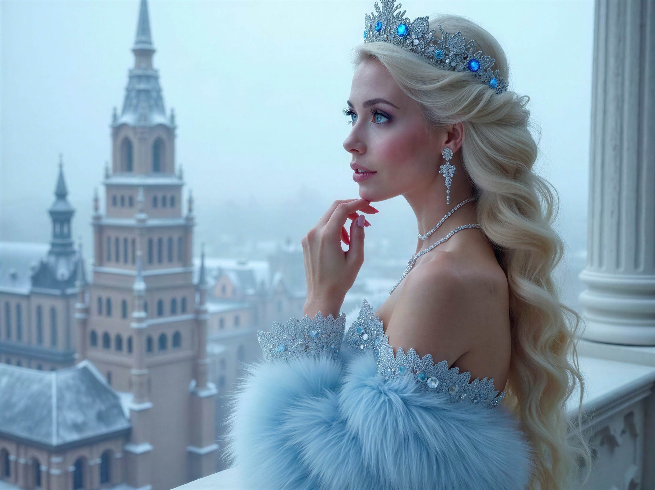 Profile of a Woman in a Snowy Castle Setting