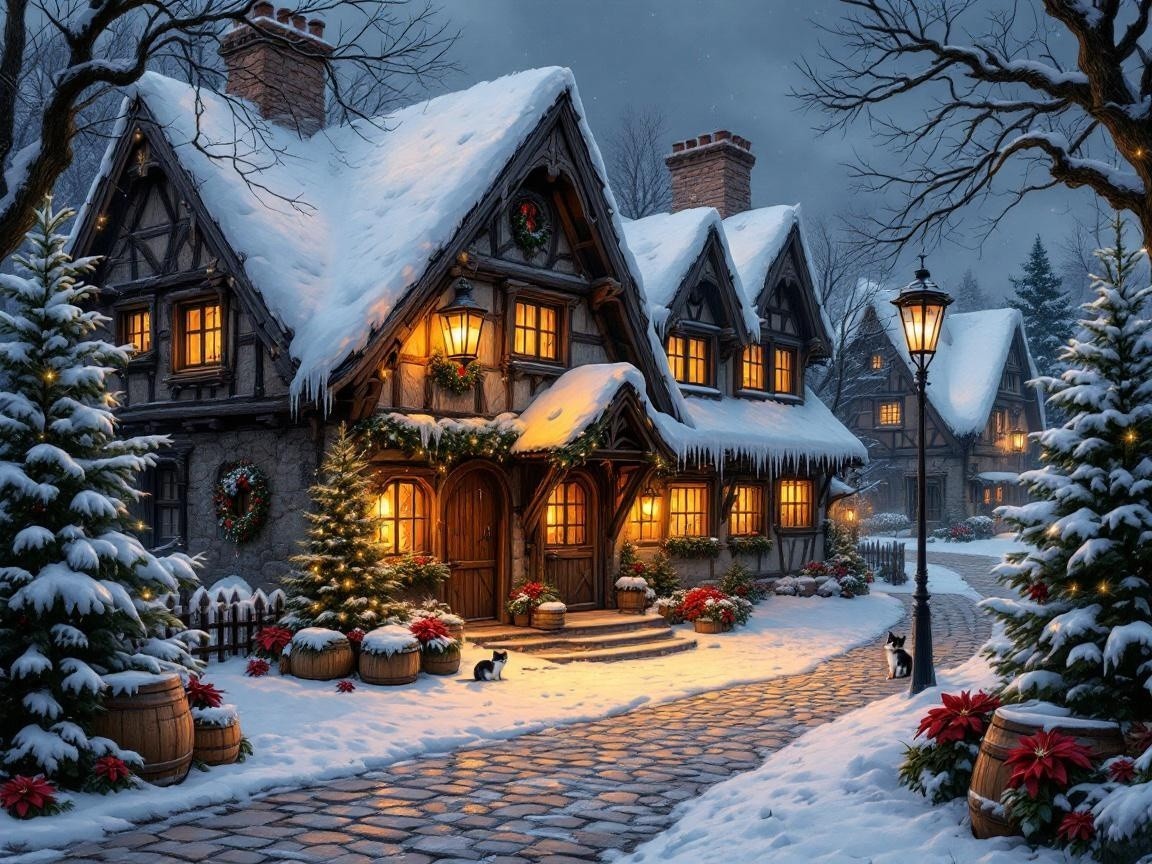 Cozy Winter Village Scene with Snowy Cottages