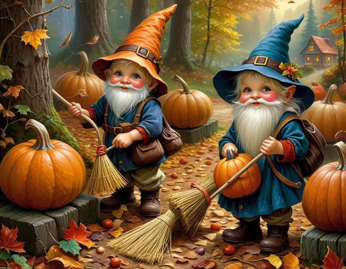 Cheerful Gnomes in Colorful Hats Tidy Autumn Scene