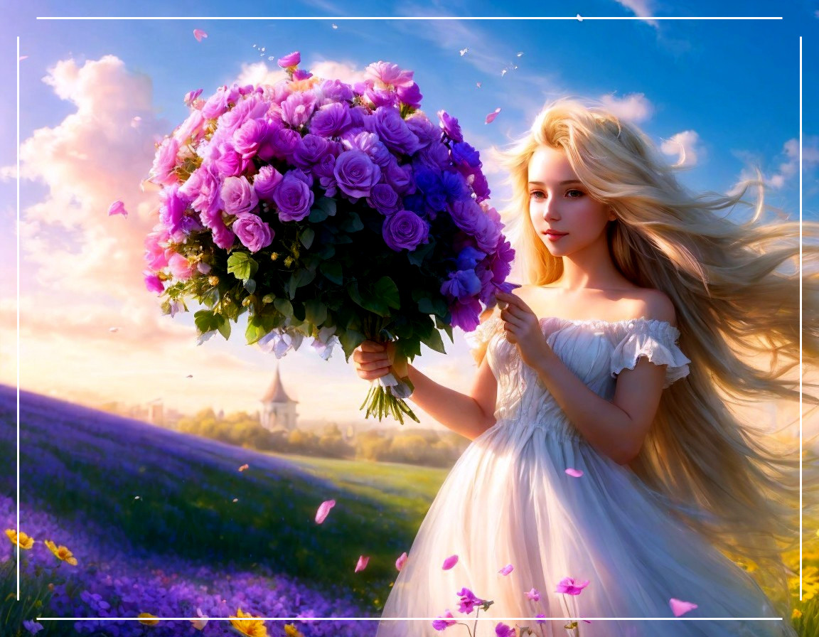 Young Woman in Meadow with Purple Roses at Sunset