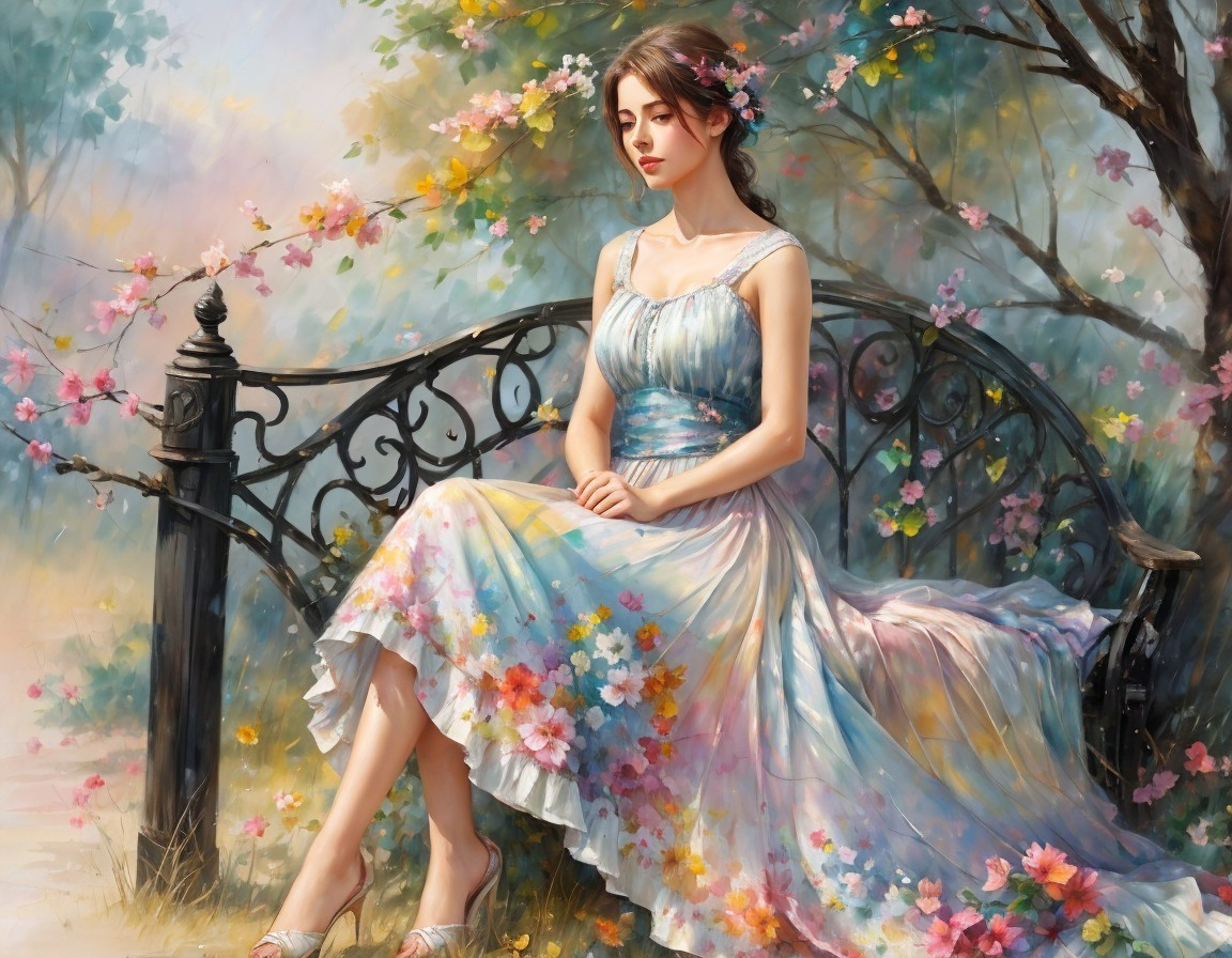 Young Woman on Bench Amidst Cherry Blossoms