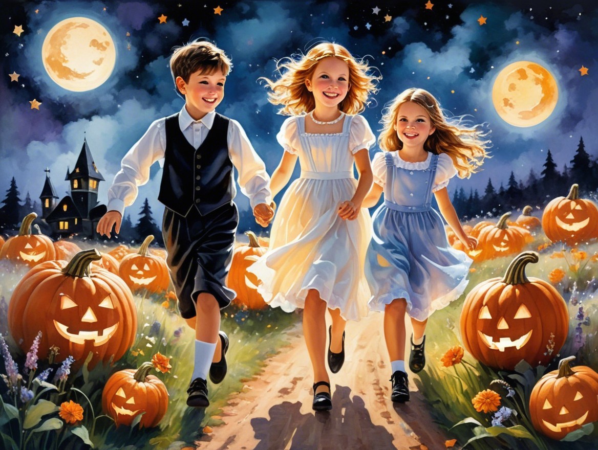 Children Running on a Moonlit Path with Pumpkins