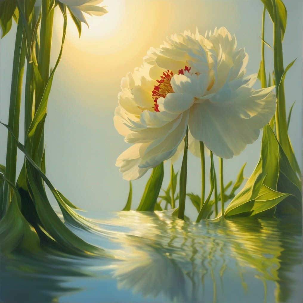 White Peony Surrounded by Green Leaves and Water