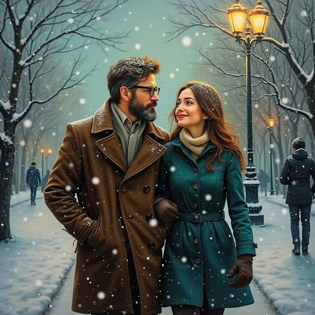 Cozy Winter Scene of a Couple in a Snowy Park