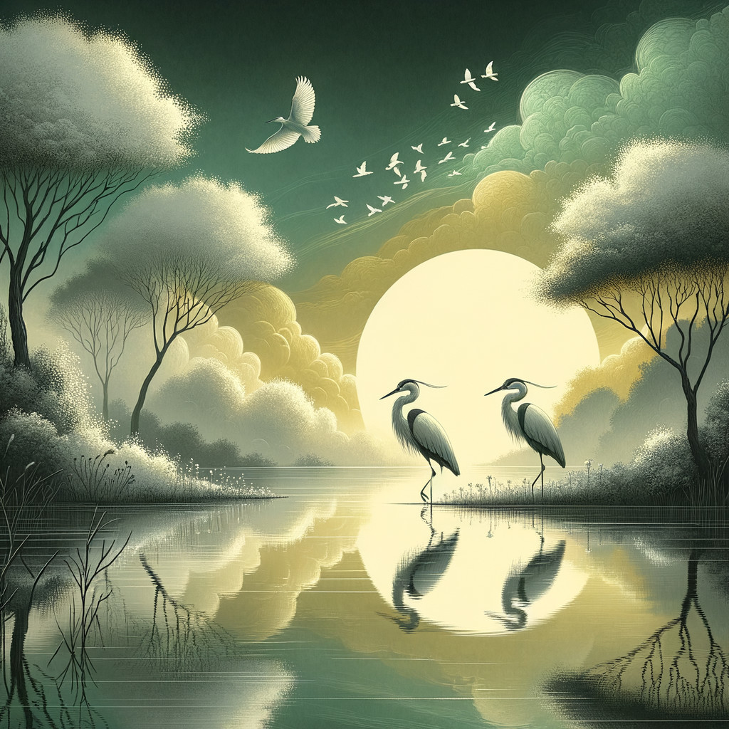 Serene Landscape with Herons by a Tranquil Lagoon