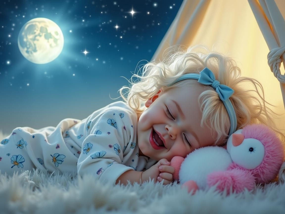 Cheerful Toddler Sleeping in Cozy Tent Under Stars