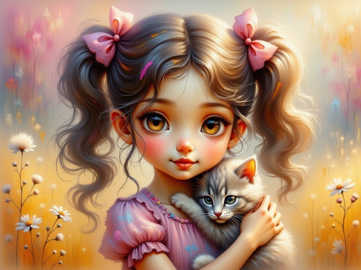 Young girl with pigtails holding a gray kitten