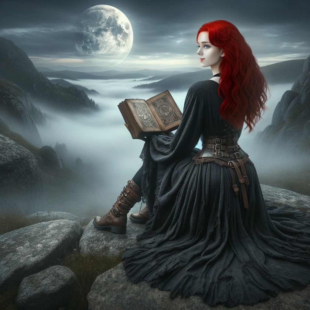 Woman with Red Hair in Misty Mountain Landscape