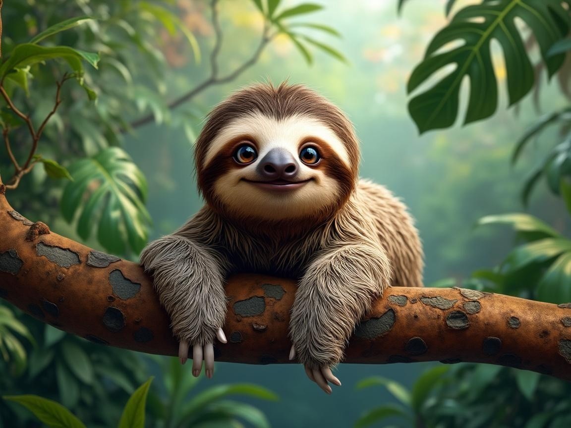 Cartoon Sloth Hanging in a Lush Green Forest