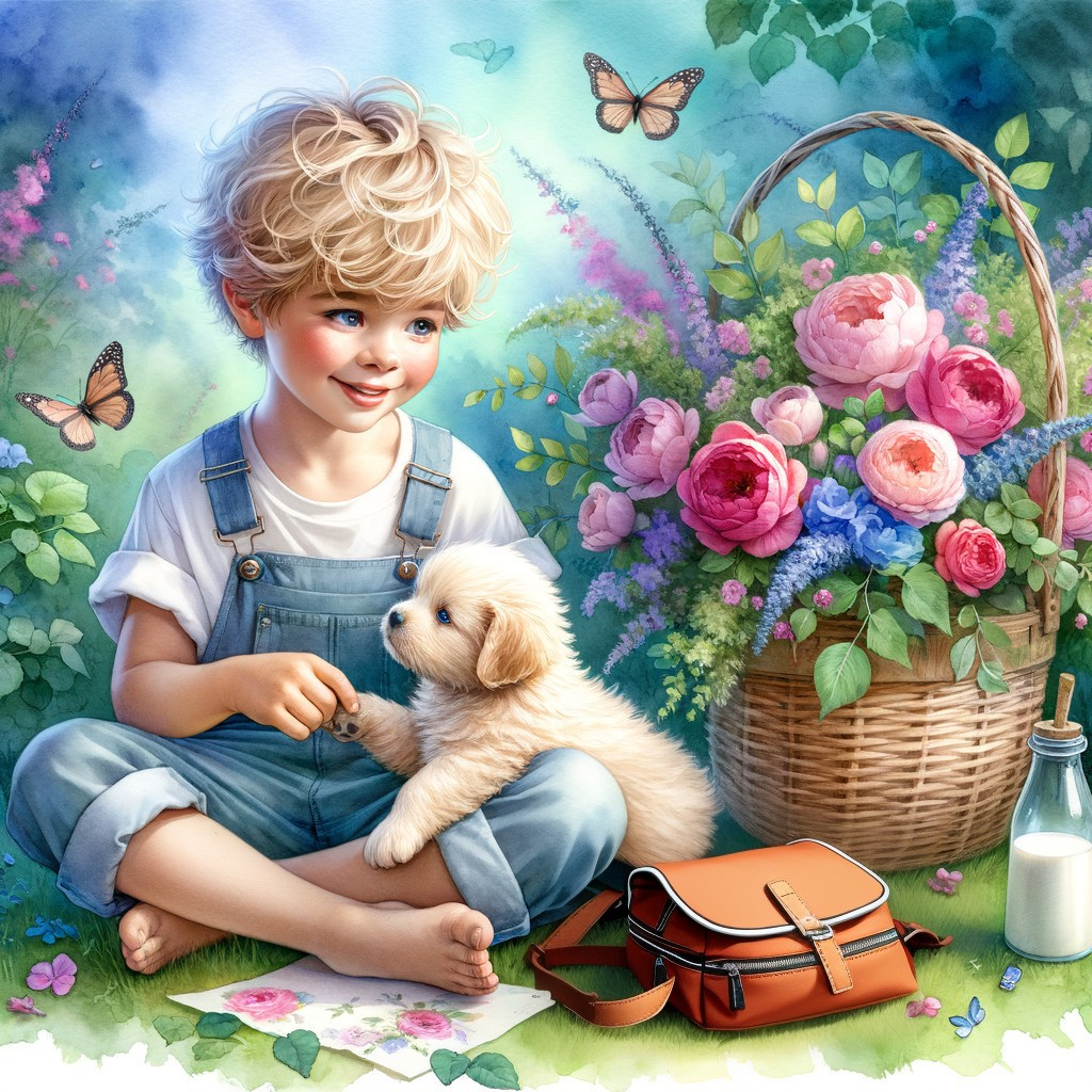 Cheerful Boy with Puppy and Colorful Flowers in Grass