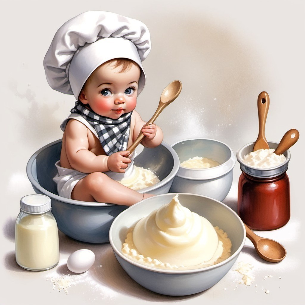 Baby in Chef's Hat Plays in Mixing Bowl with Ingredients