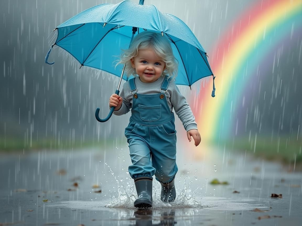 Toddler in Blue Overalls Walking Through Rainy Puddles
