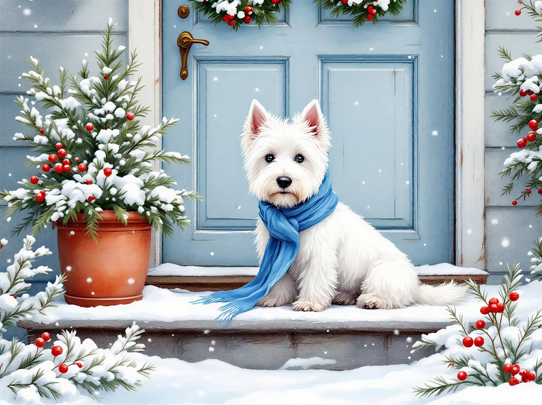 White Terrier on Snowy Porch with Christmas Decor