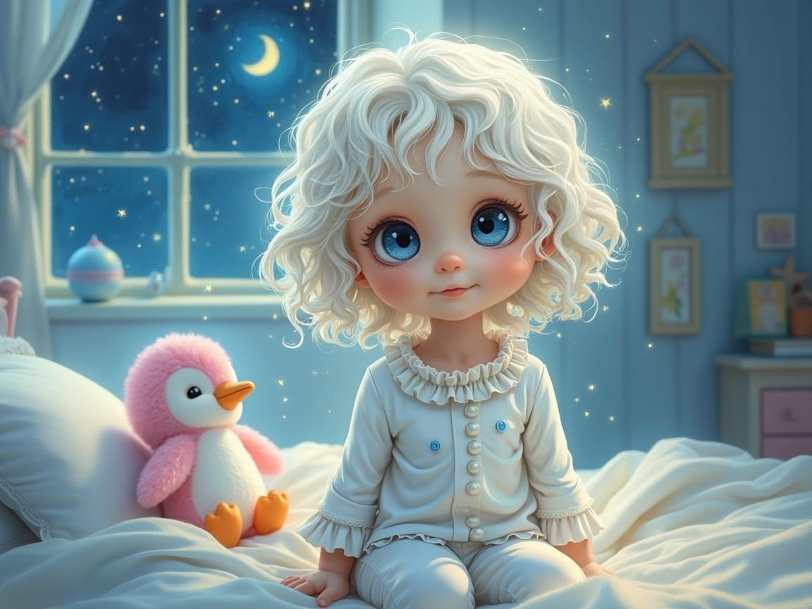Whimsical Nighttime Scene with Doll-like Child