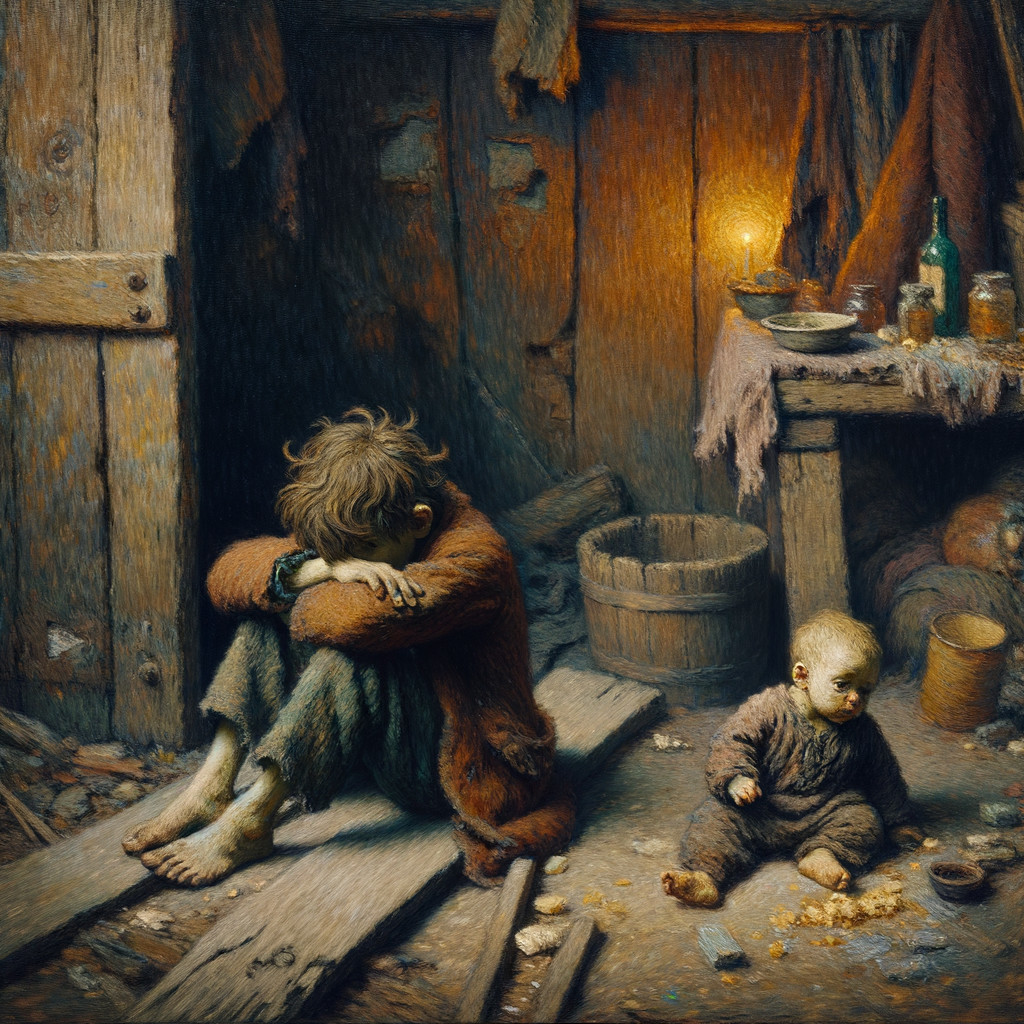 Somber Interior of Two Children in a Dilapidated Room